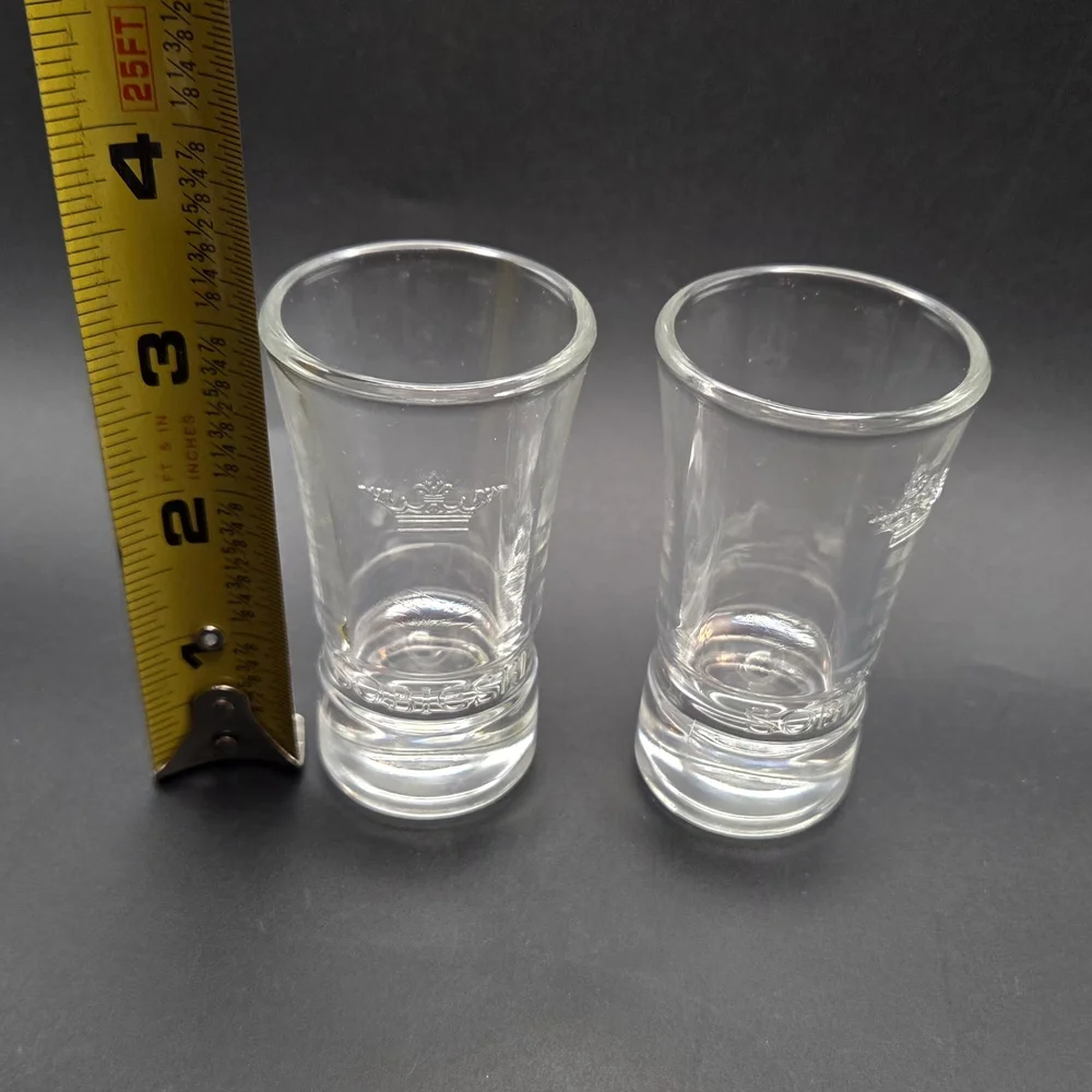 SOBIESKI Polish Vodka Shot Glasses, Set Of 2 Embossed Crown and Logo/Label, NIB